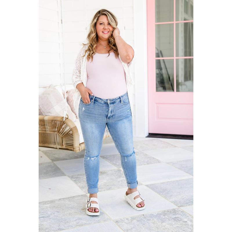 Judy Blue Make you Mine Mid Rise Light Wash Tummy Control Distressed Skinny Jeans